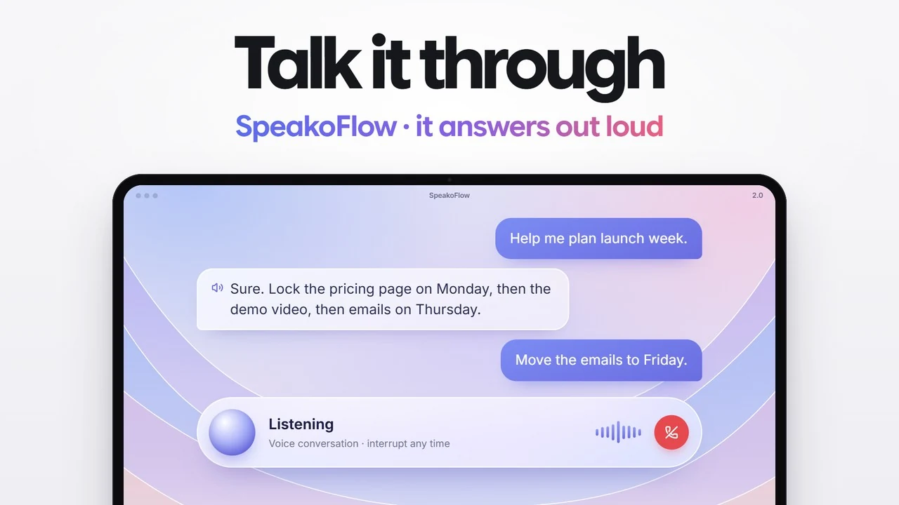 Talking it through with the assistant: a spoken back-and-forth, a Listening bar, and a note that you can interrupt any time.