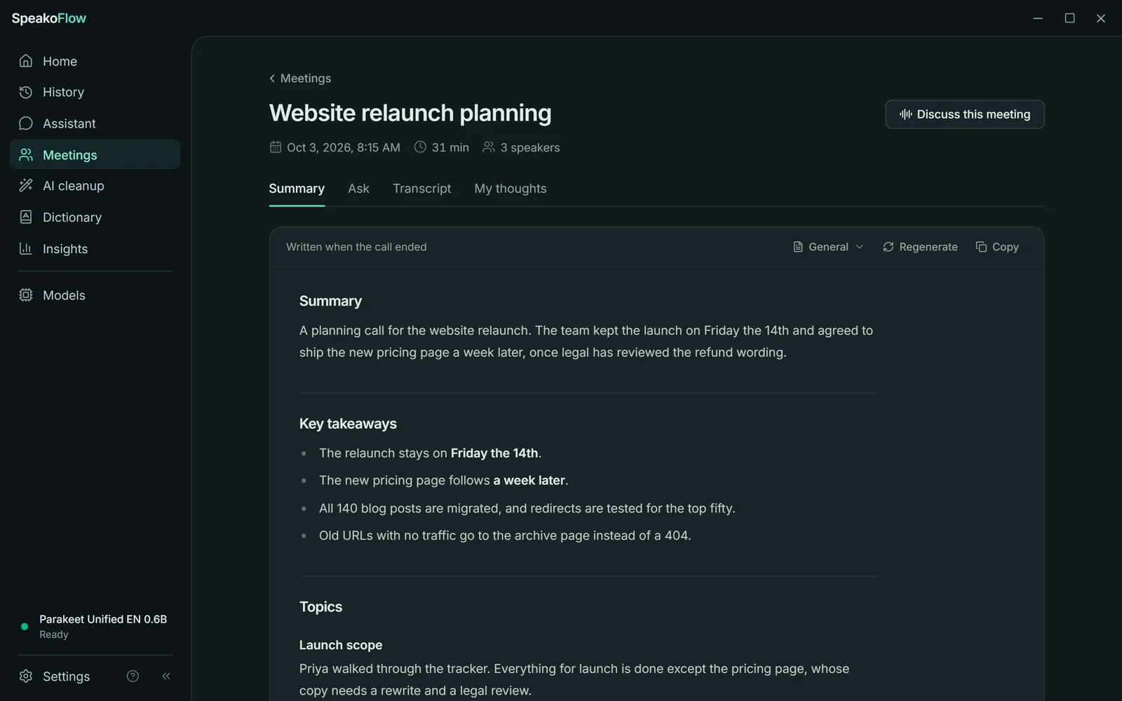 Notes written after the call, titled Website relaunch planning: a summary, key takeaways, and topics, with tabs for Ask, Transcript, and My thoughts.
