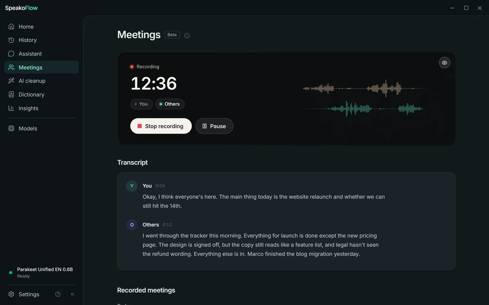 A meeting being recorded at 12 minutes 36 seconds, with separate waveforms for You and Others and a live transcript that labels who said what.