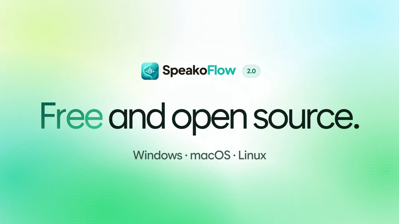 The SpeakoFlow 2.0 logo above the line Free and open source, for Windows, macOS, and Linux.