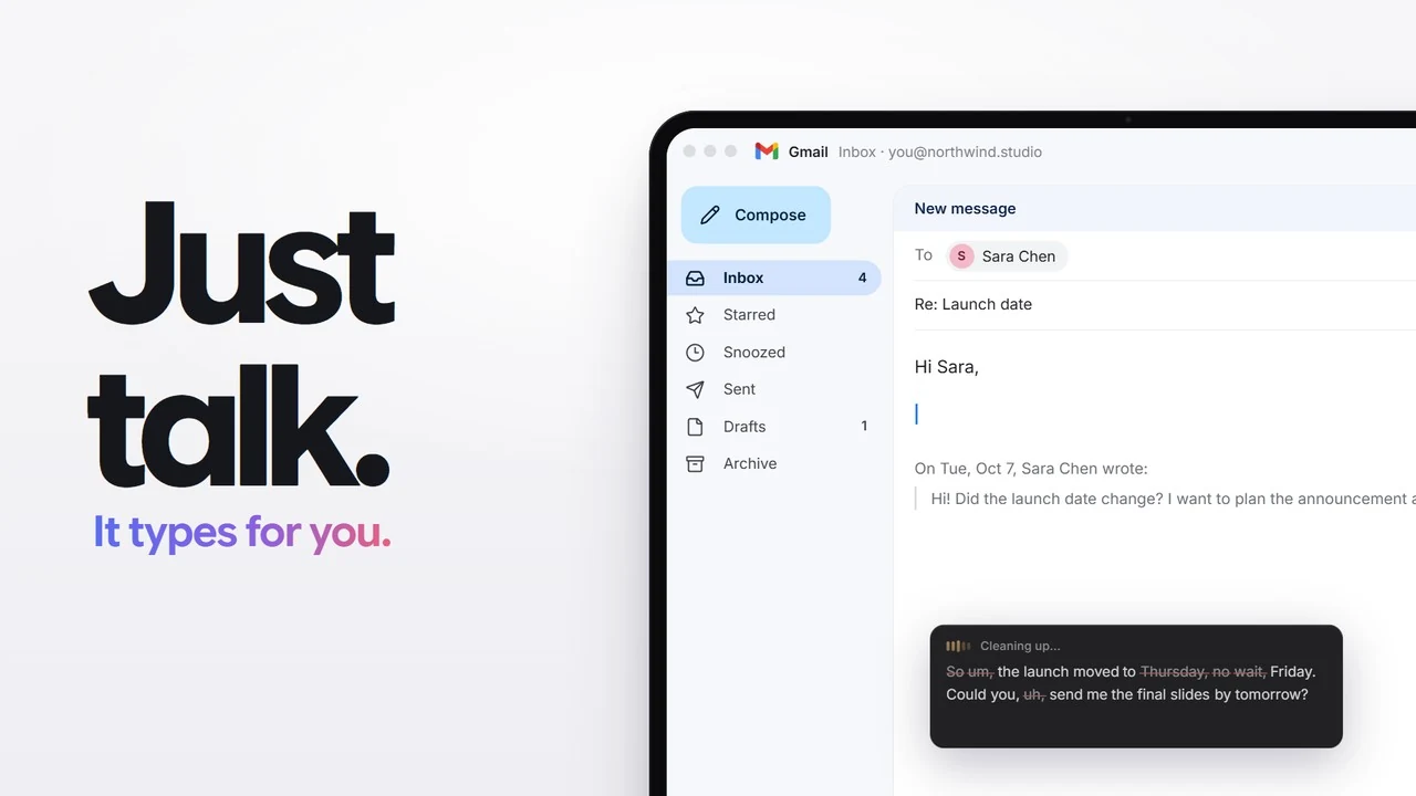 Dictating a reply in Gmail with SpeakoFlow: the words the speaker took back, "So um", "Thursday, no wait" and "uh", are crossed out and the clean sentence lands at the cursor.