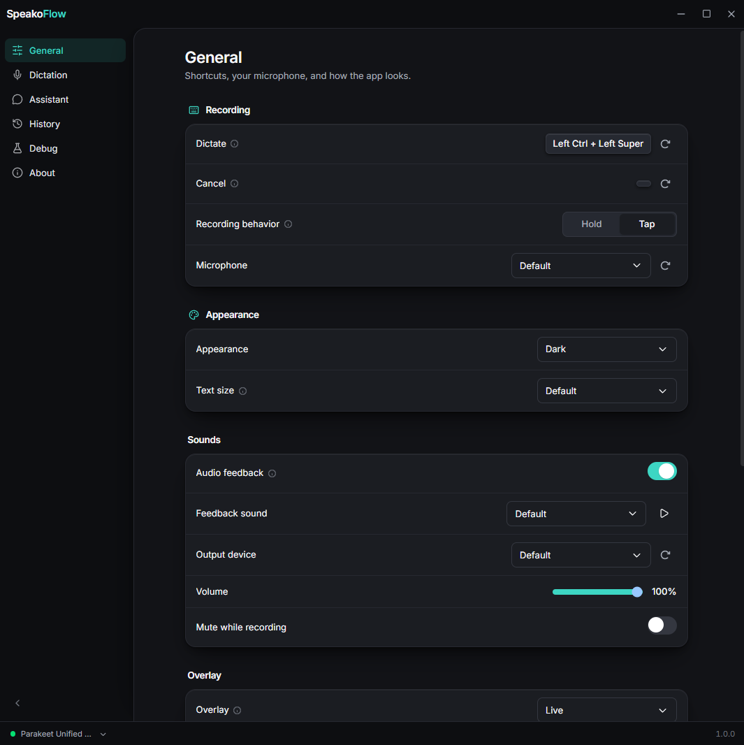 The SpeakoFlow Settings window open to the General section, shown in dark mode, with Recording, Appearance, Sounds, and Overlay groups.
